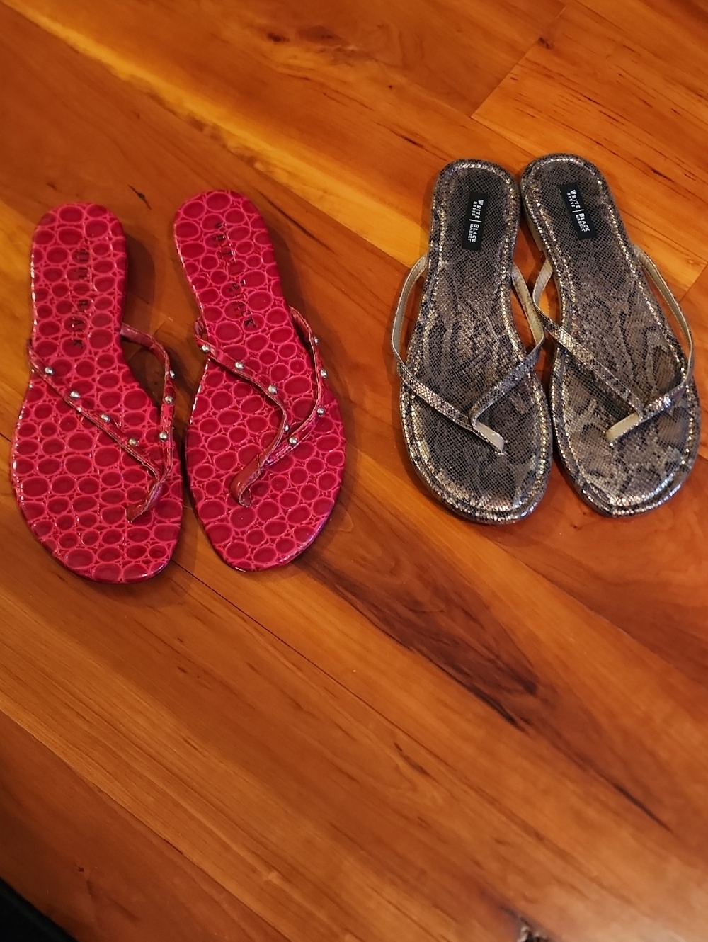 White House Black Market Red and Silver Women's Embellished Flip Flop Sandals